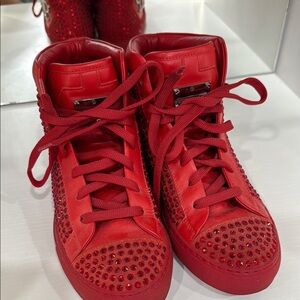 Philipp Plein Red Crystal High-Top Sneakers Leather Studded Rhinestone Trainers